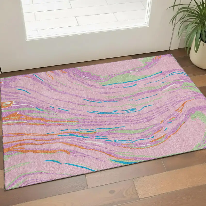 Pink Green And Orange Abstract Washable Area Rug With UV Protection Photo 1