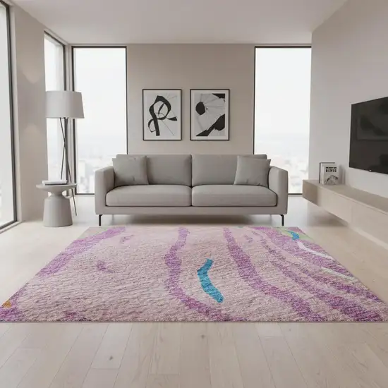 Pink Green And Orange Abstract Washable Area Rug With UV Protection Photo 2