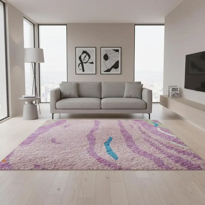 Pink Green And Orange Abstract Washable Area Rug With UV Protection Photo 2