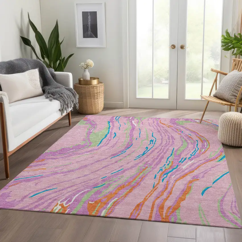 Pink Green And Orange Abstract Washable Area Rug With UV Protection Photo 5