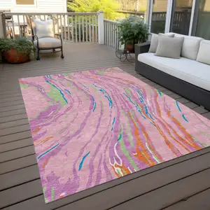 Photo of Pink Green And Teal Blue Abstract Washable Indoor Outdoor Area Rug