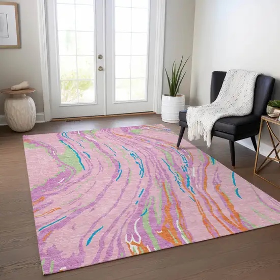 Pink Green And Teal Blue Abstract Washable Indoor Outdoor Area Rug Photo 9