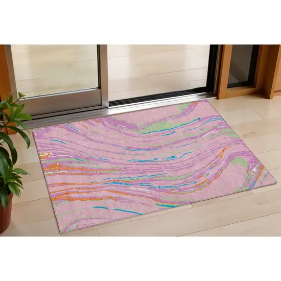 Pink Green And Teal Blue Abstract Washable Indoor Outdoor Area Rug Photo 1