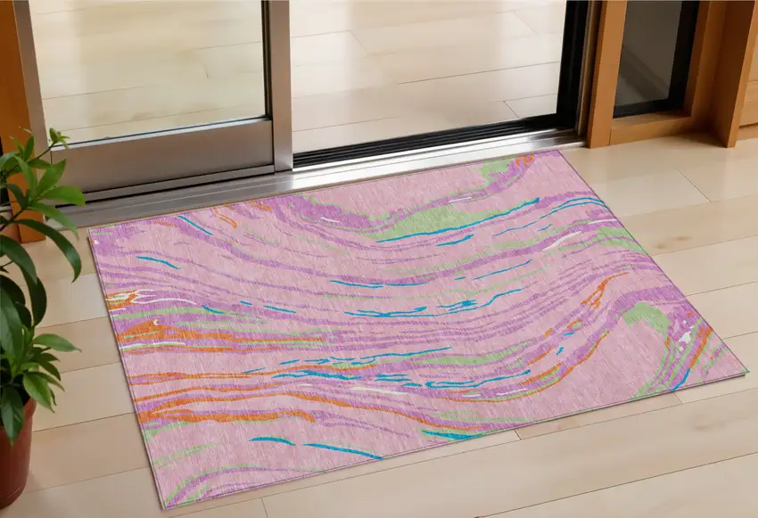 Pink Green And Teal Blue Abstract Washable Indoor Outdoor Area Rug Photo 1