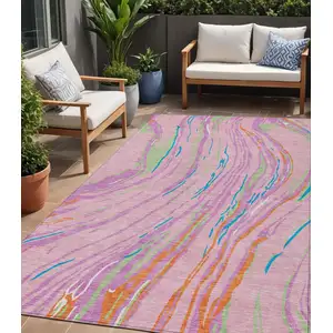 Photo of Pink Green And Teal Blue Abstract Washable Indoor Outdoor Area Rug