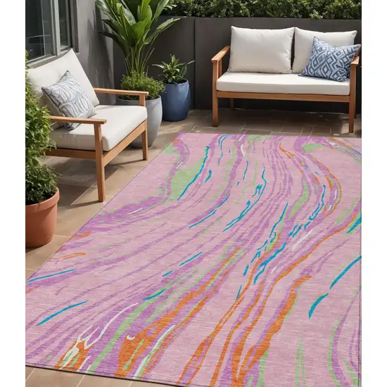 Pink Green And Teal Blue Abstract Washable Indoor Outdoor Area Rug Photo 1