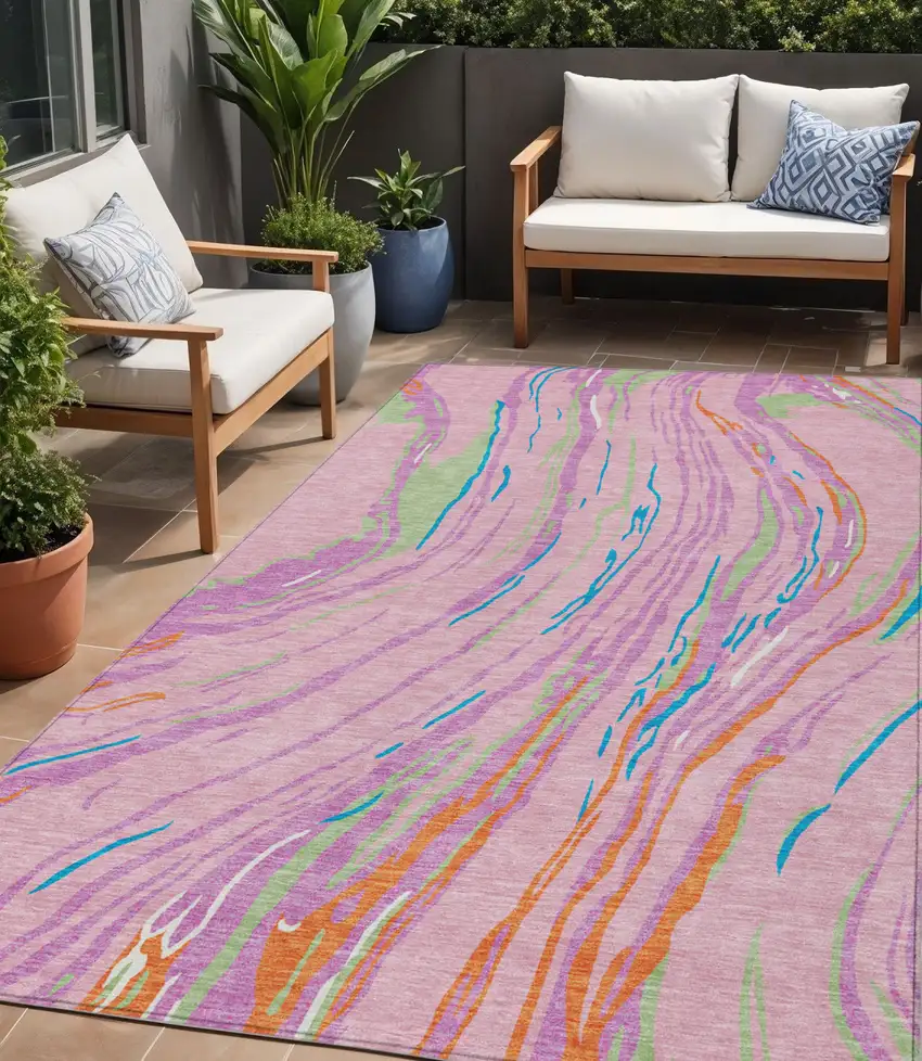 Pink Green And Teal Blue Abstract Washable Indoor Outdoor Area Rug Photo 1