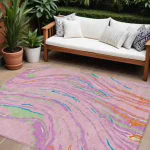 Photo of Pink Green And Teal Blue Abstract Washable Indoor Outdoor Area Rug