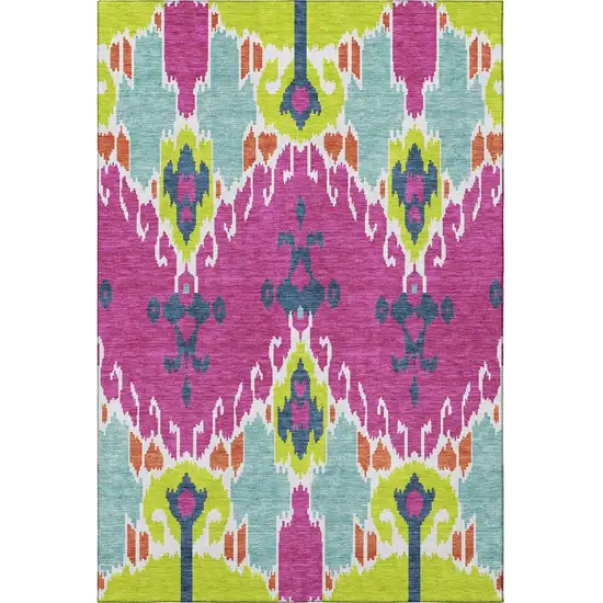 Pink Green And Teal Ikat Washable Area Rug With UV Protection Photo 4