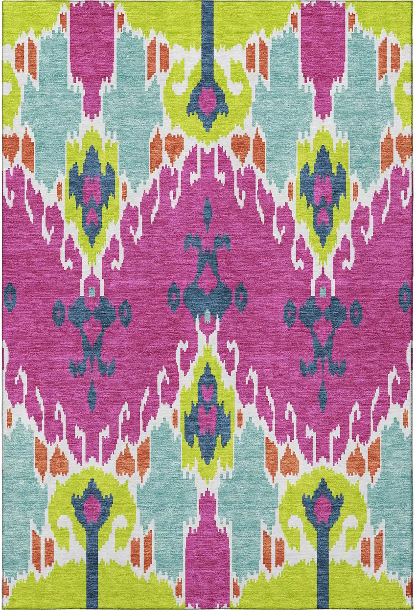 Pink Green And Teal Ikat Washable Area Rug With UV Protection Photo 4