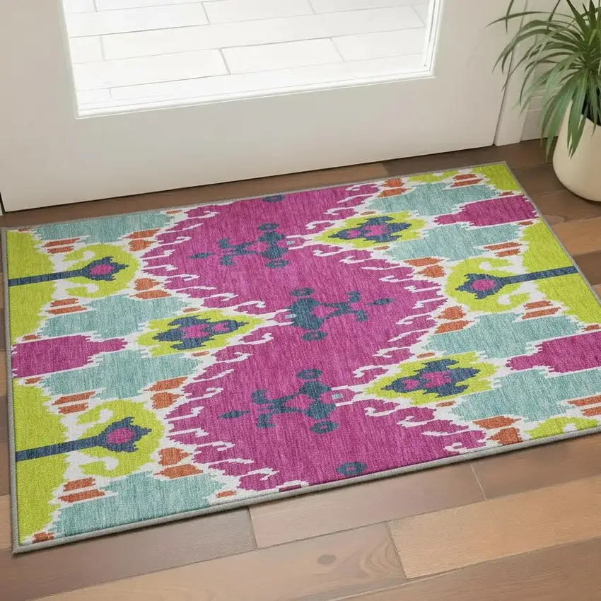 Pink Green And Teal Ikat Washable Area Rug With UV Protection Photo 2