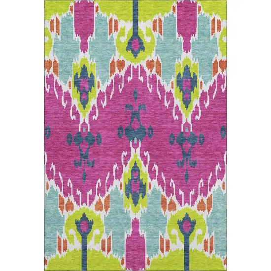 Pink Green And Teal Ikat Washable Area Rug With UV Protection Photo 1
