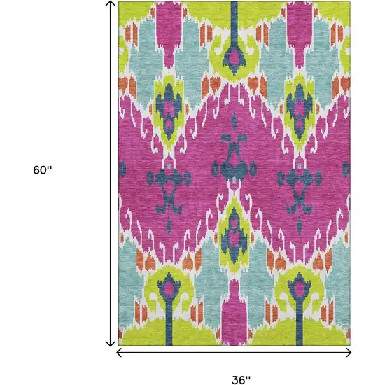 Pink Green And Teal Ikat Washable Area Rug With UV Protection Photo 3