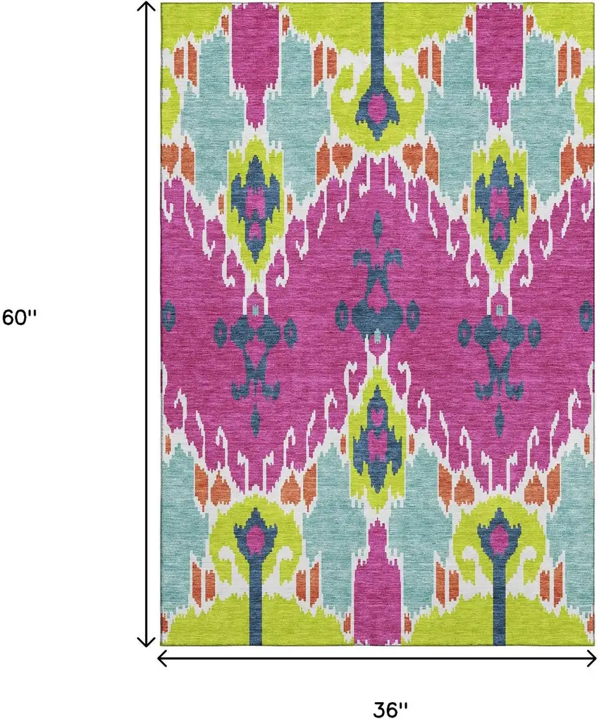 Pink Green And Teal Ikat Washable Area Rug With UV Protection Photo 3
