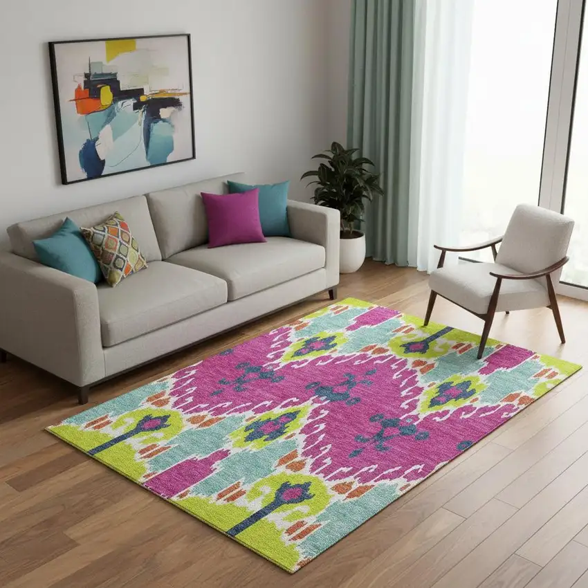 Pink Green And Teal Ikat Washable Area Rug With UV Protection Photo 1