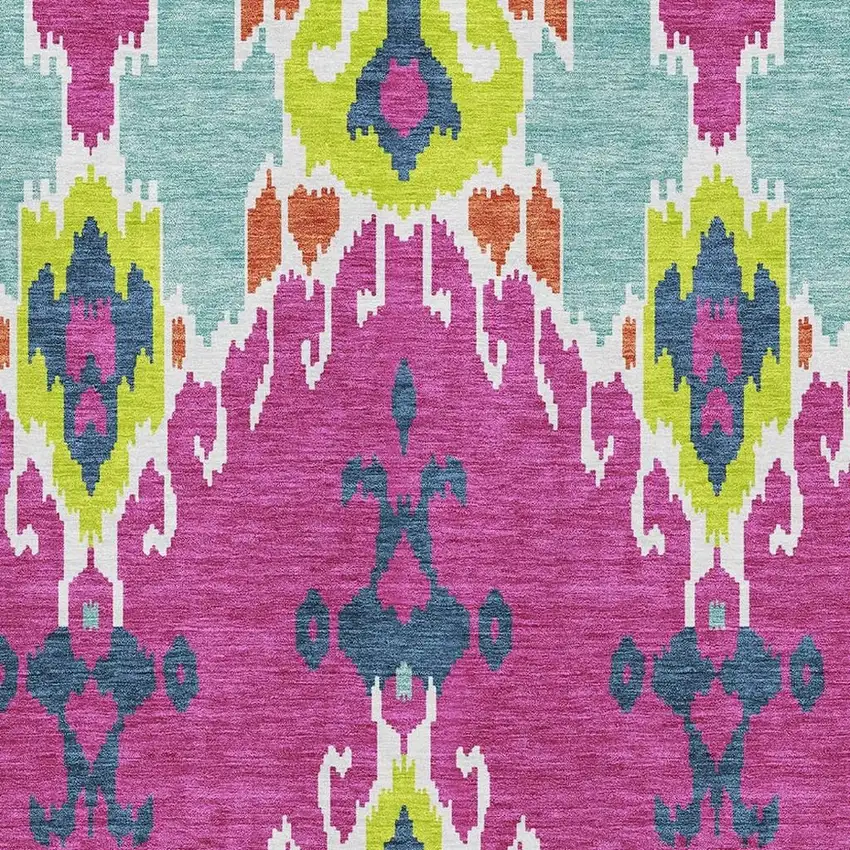 Pink Green And Teal Ikat Washable Area Rug With UV Protection Photo 3