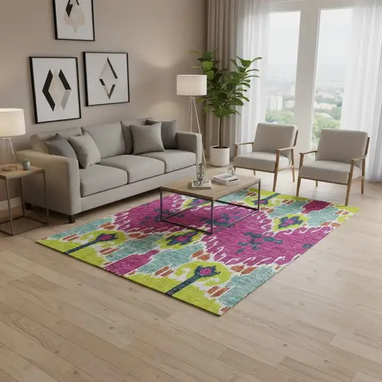 Pink Green And Teal Ikat Washable Area Rug With UV Protection Photo 2