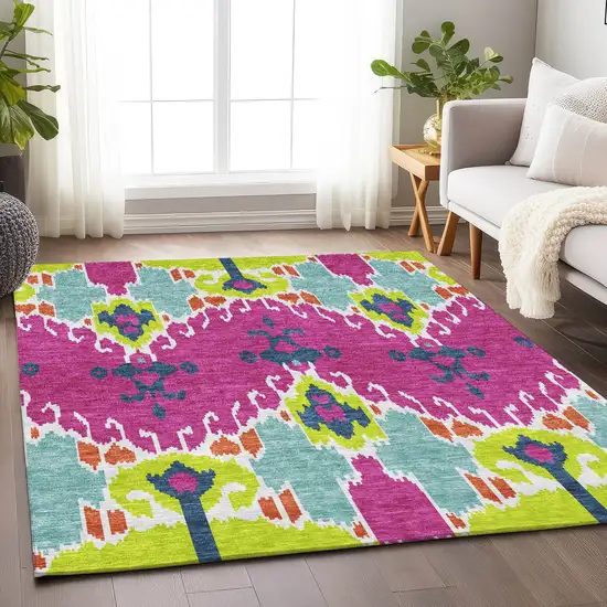 Pink Green And Teal Ikat Washable Area Rug With UV Protection Photo 5