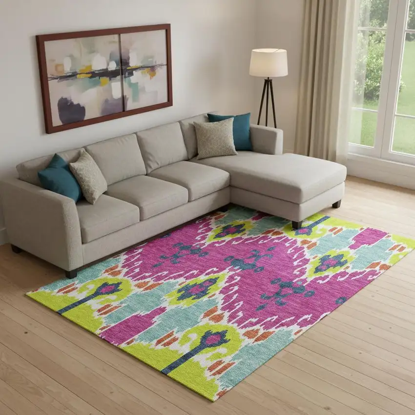 Pink Green And Teal Ikat Washable Area Rug With UV Protection Photo 1