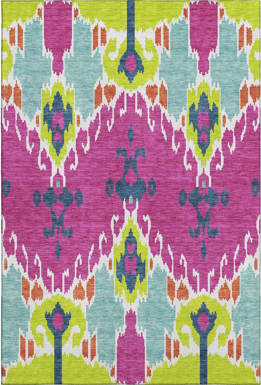 Pink Green And Teal Ikat Washable Area Rug With UV Protection Photo 2