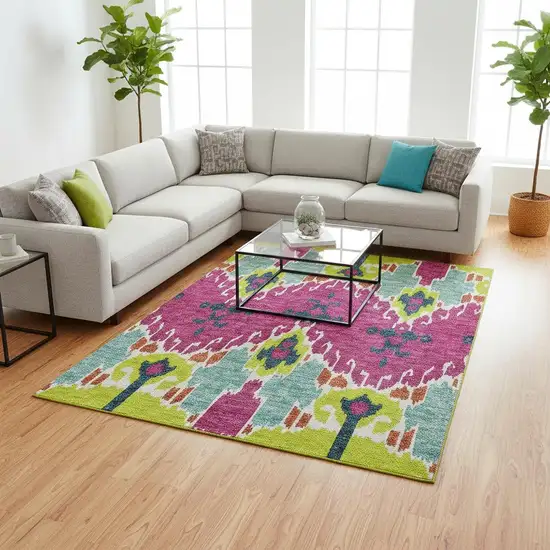 Pink Green And Teal Ikat Washable Area Rug With UV Protection Photo 2