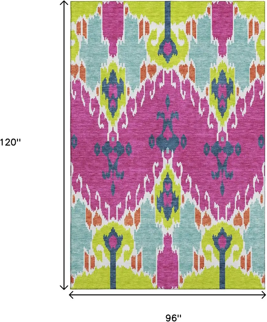 Pink Green And Teal Ikat Washable Area Rug With UV Protection Photo 3