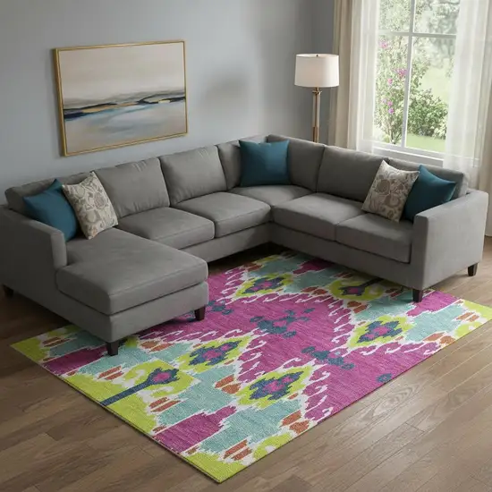 Pink Green And Teal Ikat Washable Area Rug With UV Protection Photo 1