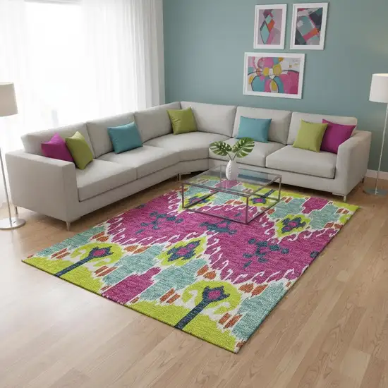 Pink Green And Teal Ikat Washable Area Rug With UV Protection Photo 2