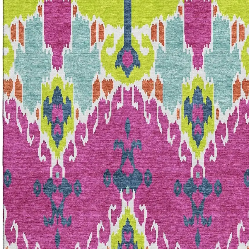 Pink Green And Teal Ikat Washable Area Rug With UV Protection Photo 3