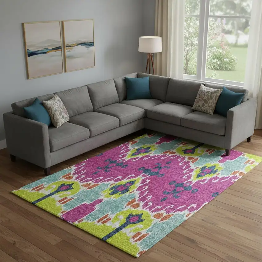 Pink Green And Teal Ikat Washable Area Rug With UV Protection Photo 1