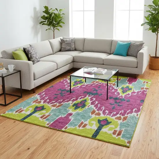 Pink Green And Teal Ikat Washable Area Rug With UV Protection Photo 2