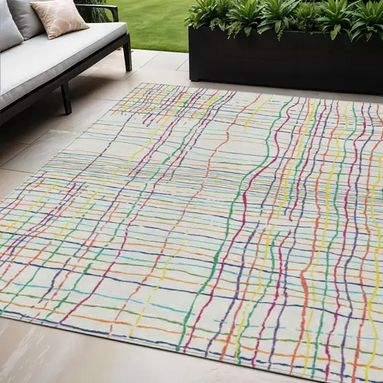 Pink Green And Yellow Striped Washable Indoor Outdoor Area Rug Photo 1