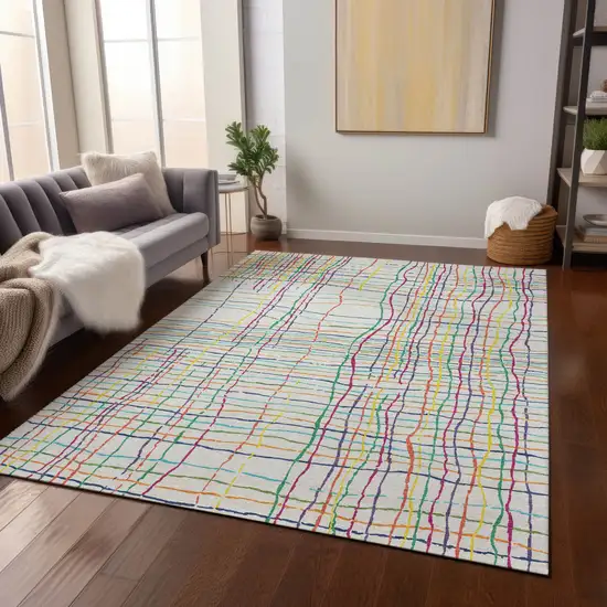 Pink Green And Yellow Striped Washable Indoor Outdoor Area Rug Photo 9