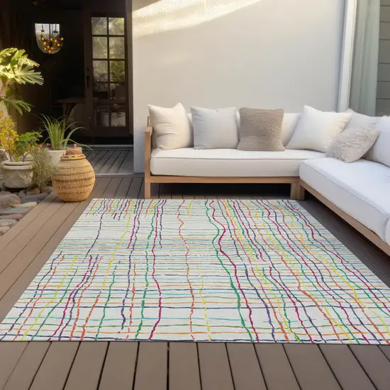 Pink Green And Yellow Striped Washable Indoor Outdoor Area Rug Photo 8
