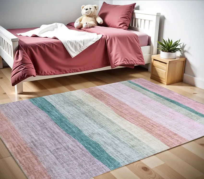 Pink Green and Purple Juvenile Rainbows Youthful Area Rug Photo 3