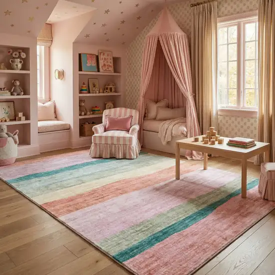 Pink Green and Purple Juvenile Rainbows Youthful Area Rug Photo 9