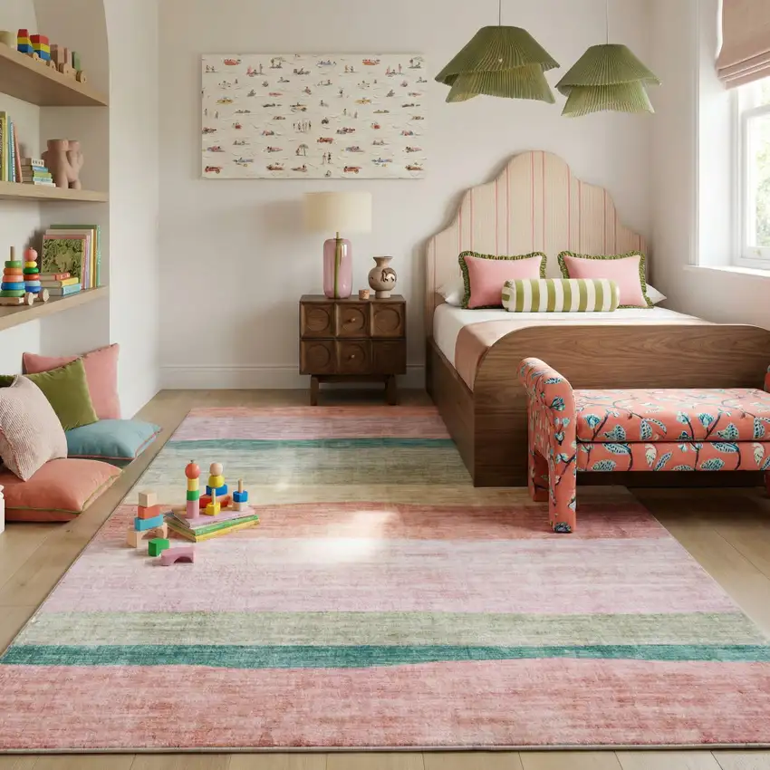 Pink Green and Purple Juvenile Rainbows Youthful Area Rug Photo 8