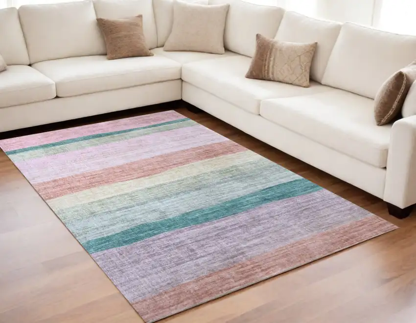 Pink Green and Purple Juvenile Rainbows Youthful Area Rug Photo 4