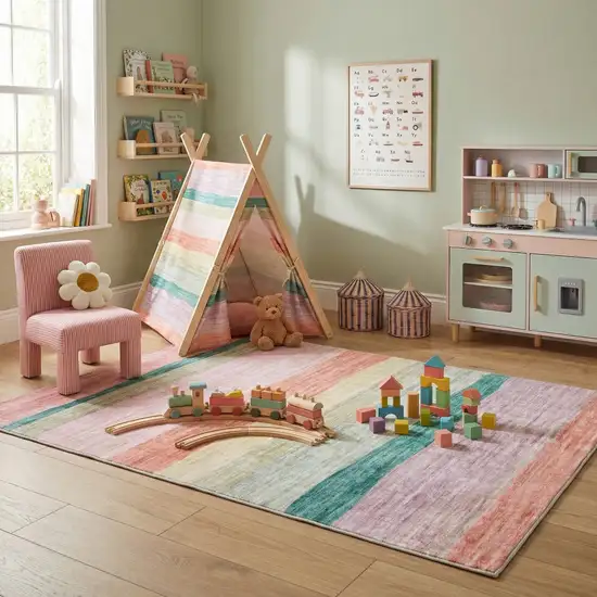 Pink Green and Purple Juvenile Rainbows Youthful Area Rug Photo 7