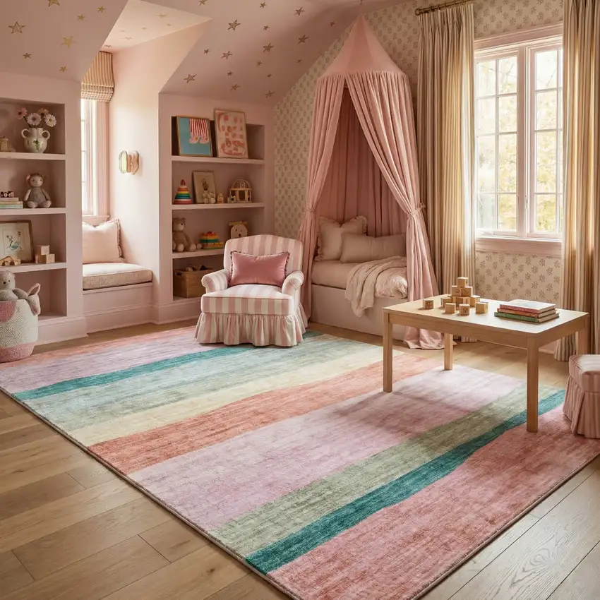 Pink Green and Purple Juvenile Rainbows Youthful Area Rug Photo 9