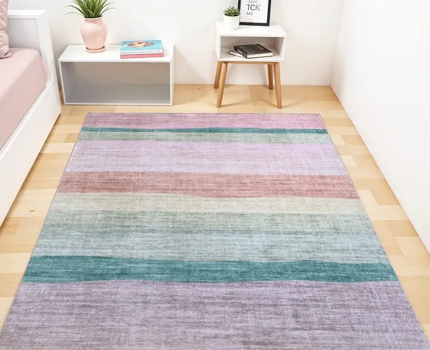 Pink Green and Purple Juvenile Rainbows Youthful Area Rug Photo 2