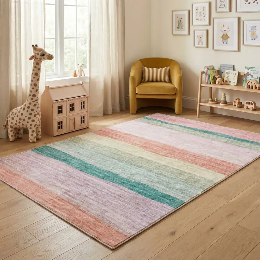 Pink Green and Purple Juvenile Rainbows Youthful Area Rug Photo 6