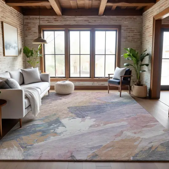 Pink Ivory And Beige Abstract Washable Area Rug With UV Protection Photo 3