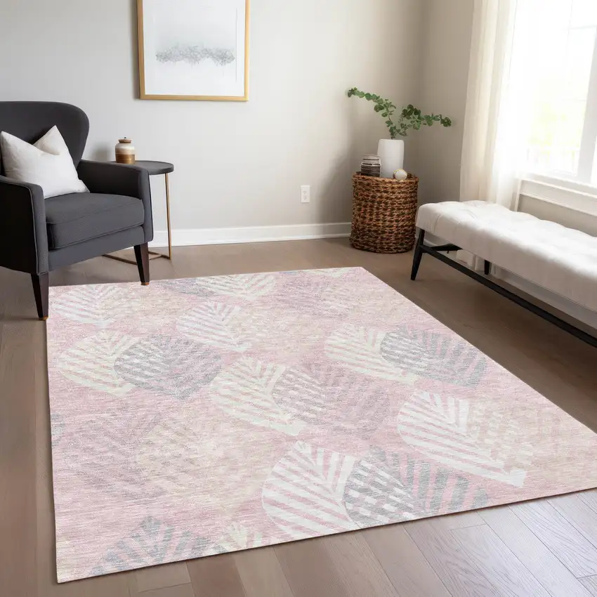 Pink Ivory And Beige Floral Washable Indoor Outdoor Area Rug Photo 9