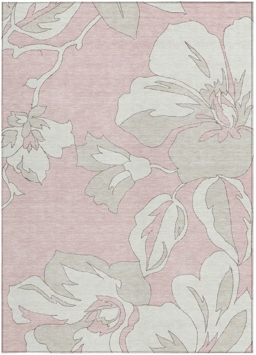 Pink Ivory And Beige Floral Washable Indoor Outdoor Area Rug Photo 8
