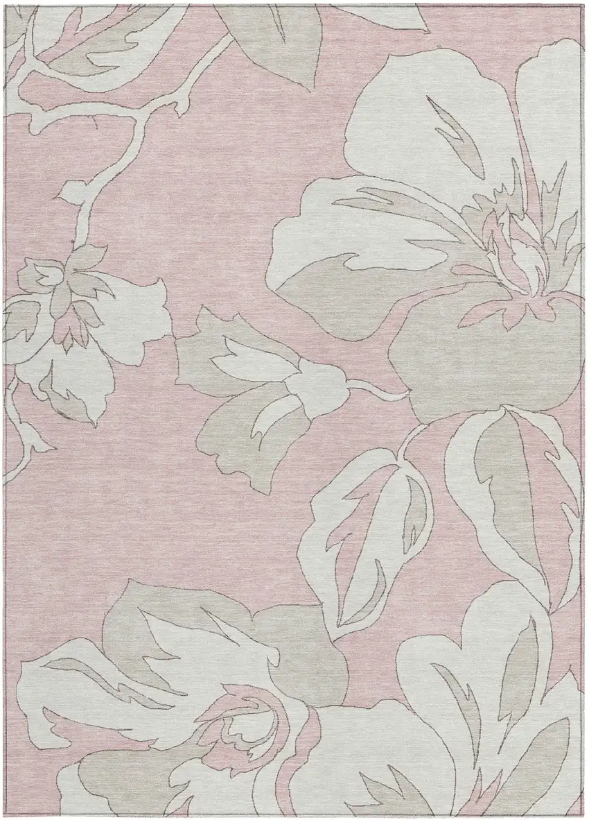 Pink Ivory And Beige Floral Washable Indoor Outdoor Area Rug Photo 8