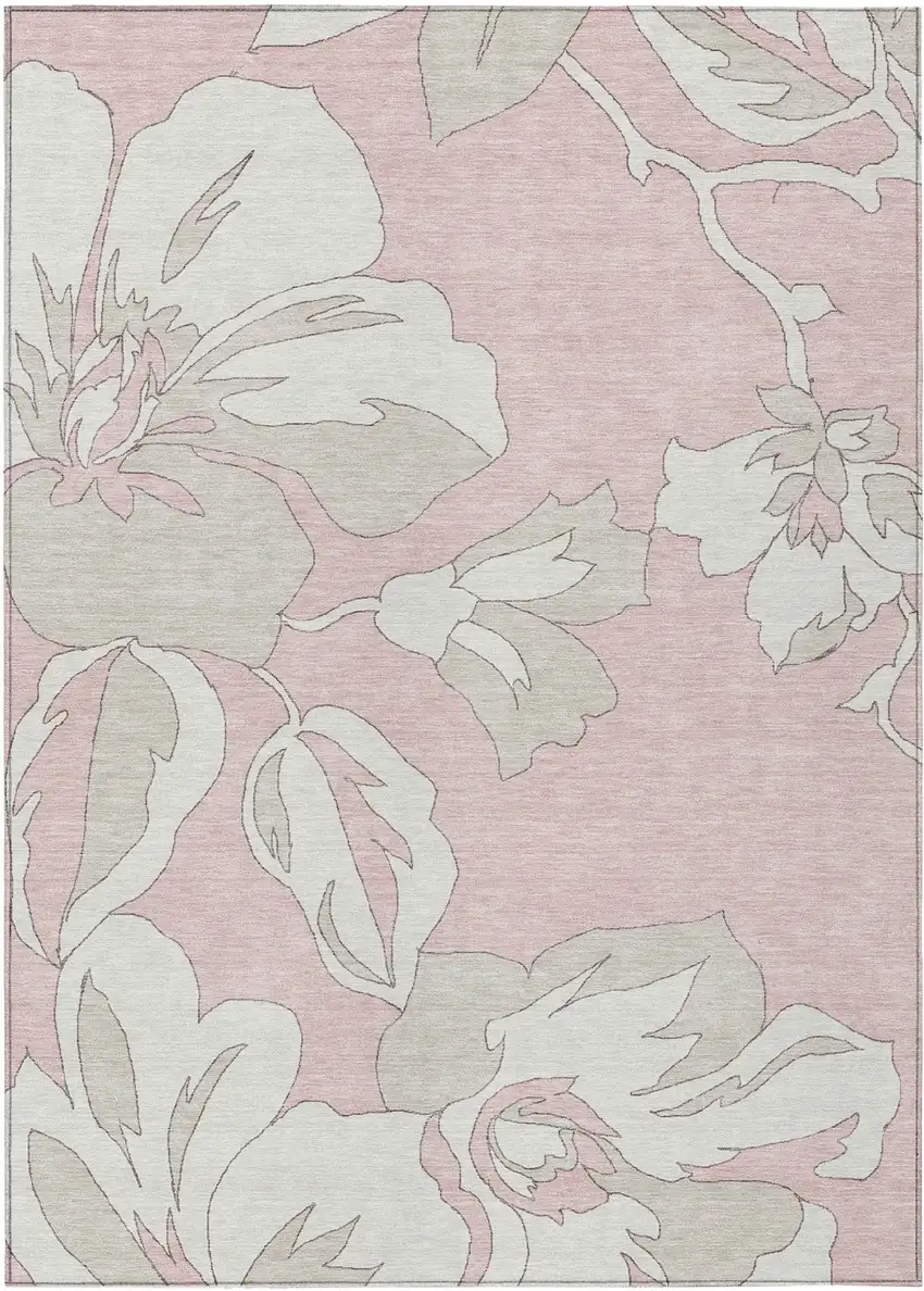 Pink Ivory And Beige Floral Washable Indoor Outdoor Area Rug Photo 2