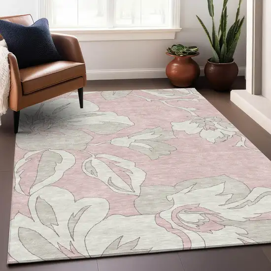 Pink Ivory And Beige Floral Washable Indoor Outdoor Area Rug Photo 9