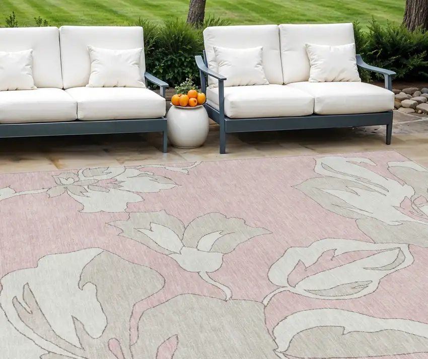 Pink Ivory And Beige Floral Washable Indoor Outdoor Area Rug Photo 1