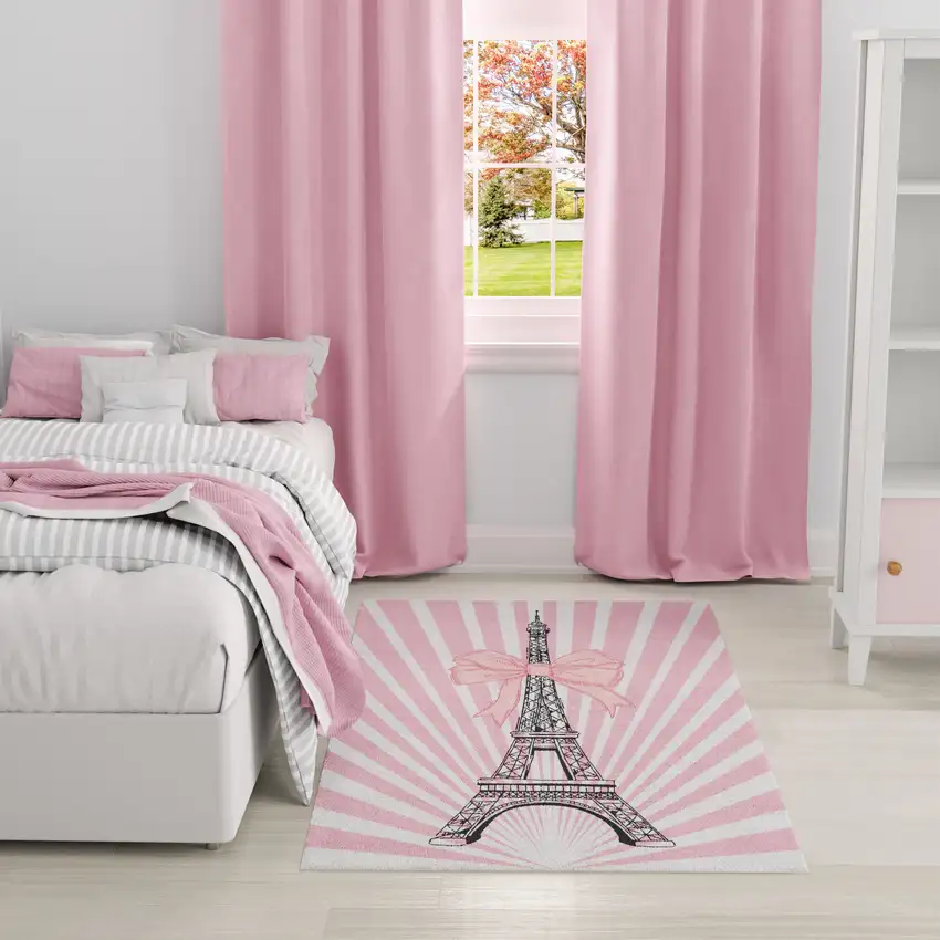 Pink Ivory And Black Eiffel Tower Youthful Washable Area Rug Photo 6
